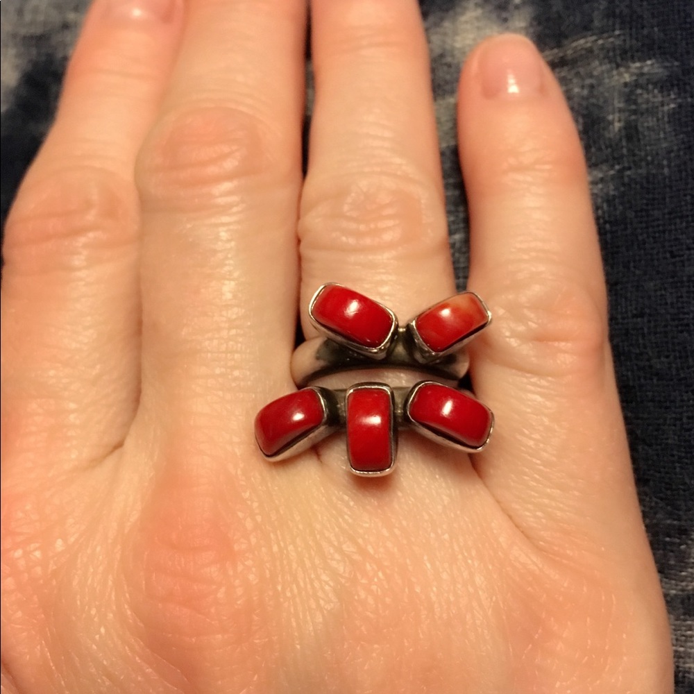Red coral and sterling silver ring